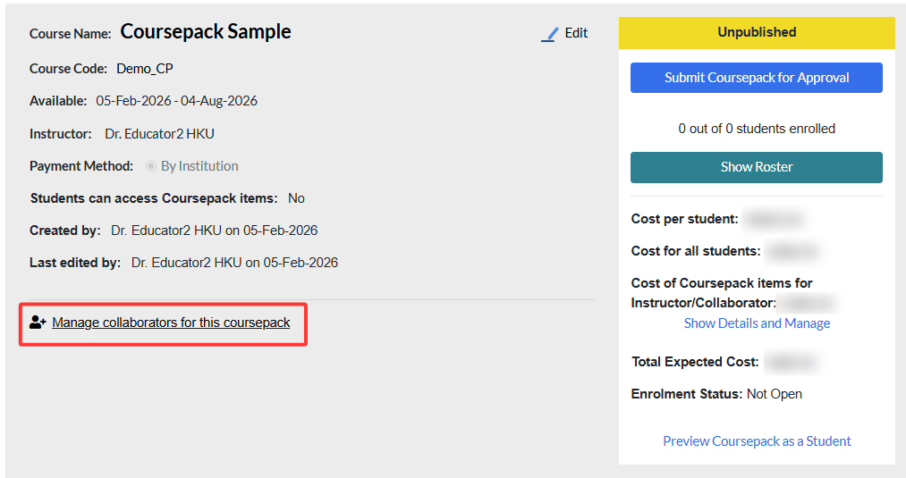 click manage collaborators for this coursepack